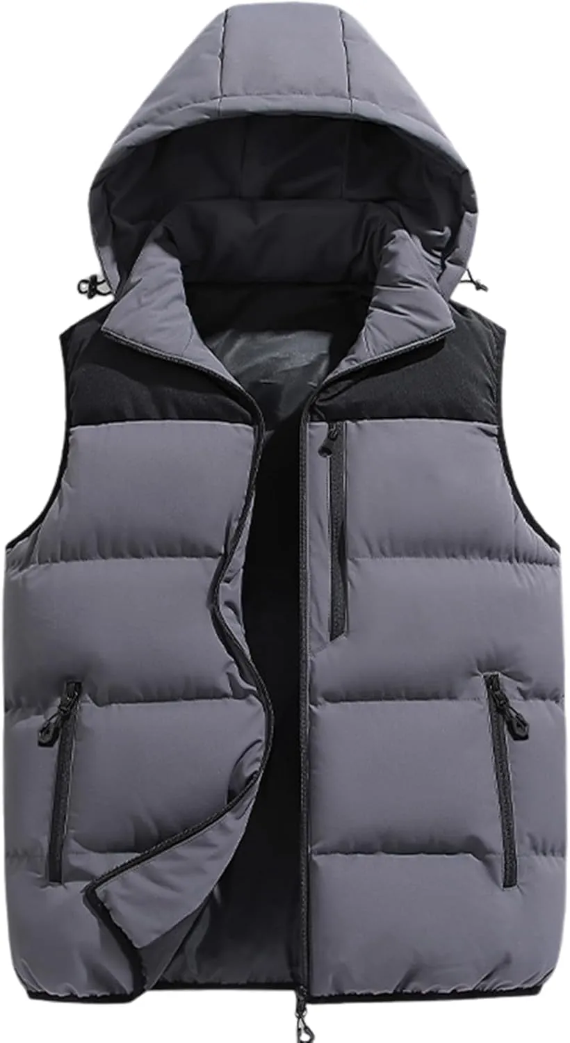 Gihuo Mens Winter Puffer Vest Color Block Hooded Sleeveless Quilted Jacket Zip Up Padded Coats Outerwear