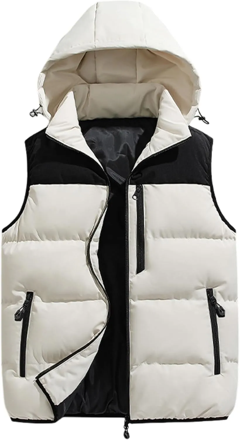 Gihuo Mens Winter Puffer Vest Color Block Hooded Sleeveless Quilted Jacket Zip Up Padded Coats Outerwear