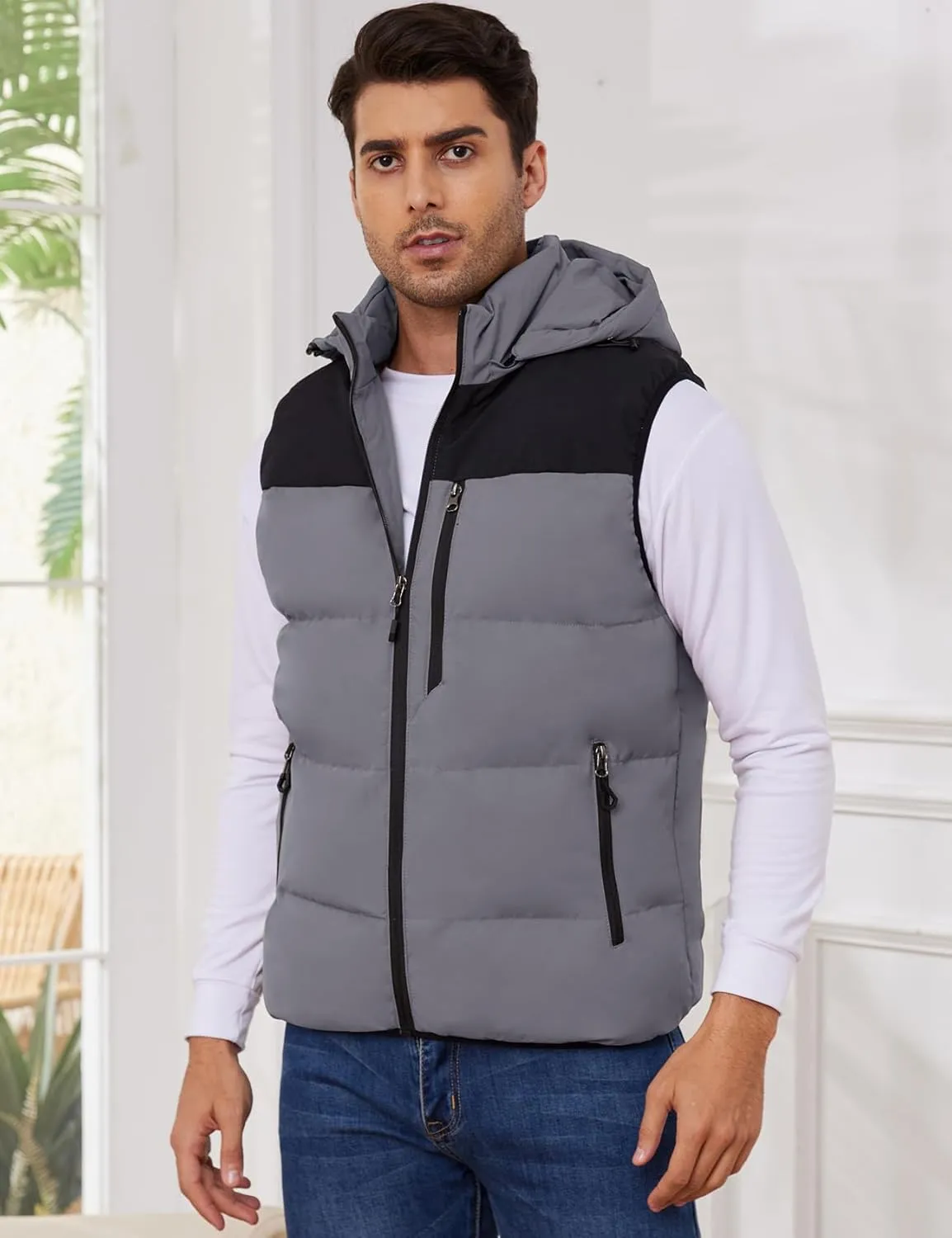 Gihuo Mens Winter Puffer Vest Color Block Hooded Sleeveless Quilted Jacket Zip Up Padded Coats Outerwear
