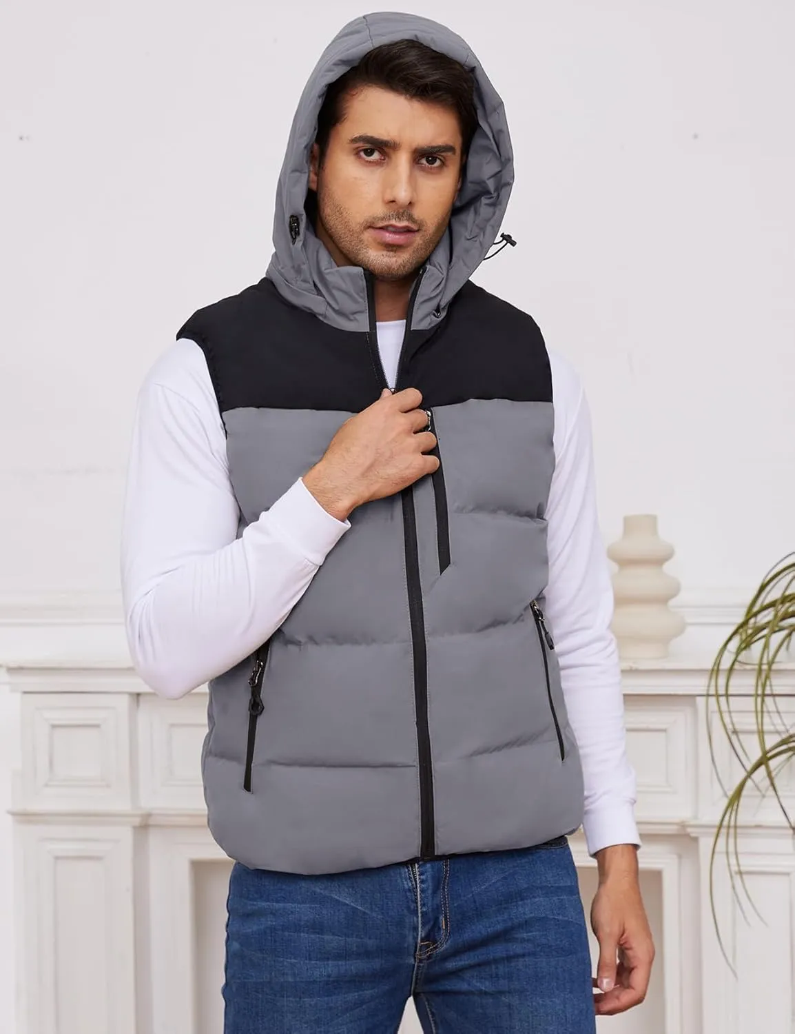 Gihuo Mens Winter Puffer Vest Color Block Hooded Sleeveless Quilted Jacket Zip Up Padded Coats Outerwear