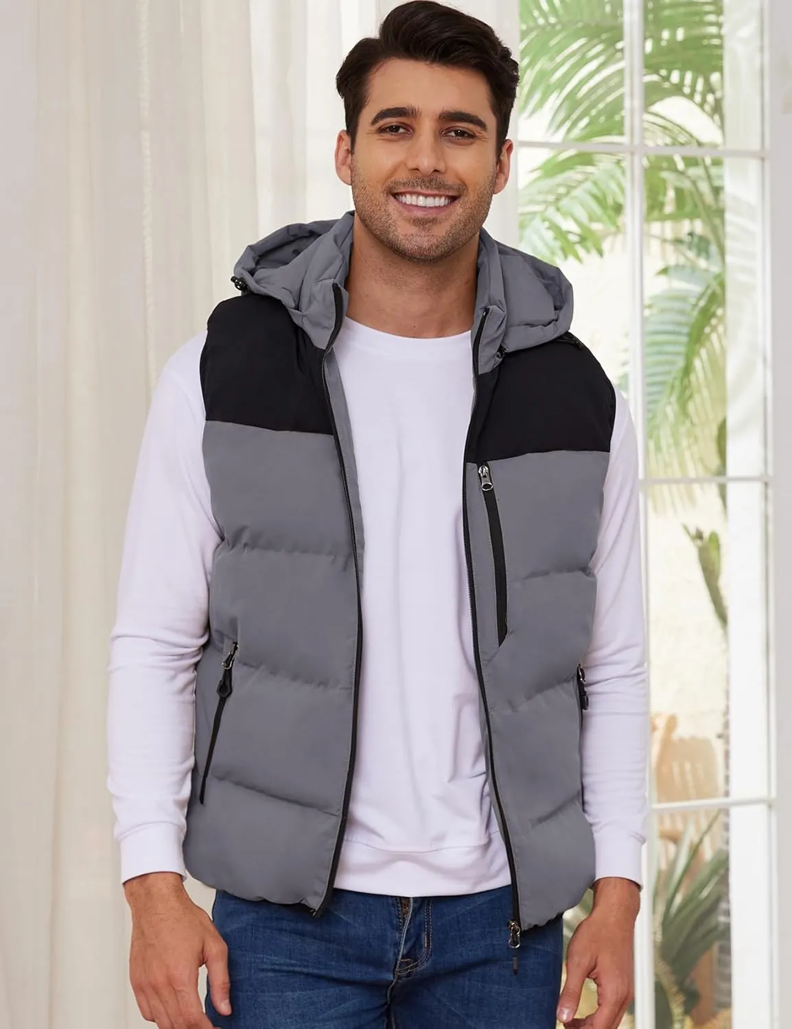 Gihuo Mens Winter Puffer Vest Color Block Hooded Sleeveless Quilted Jacket Zip Up Padded Coats Outerwear