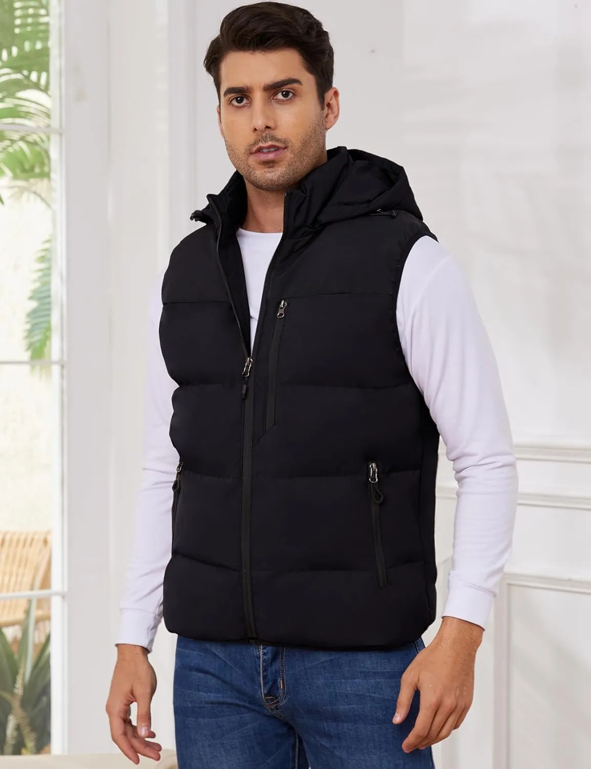 Gihuo Mens Winter Puffer Vest Color Block Hooded Sleeveless Quilted Jacket Zip Up Padded Coats Outerwear