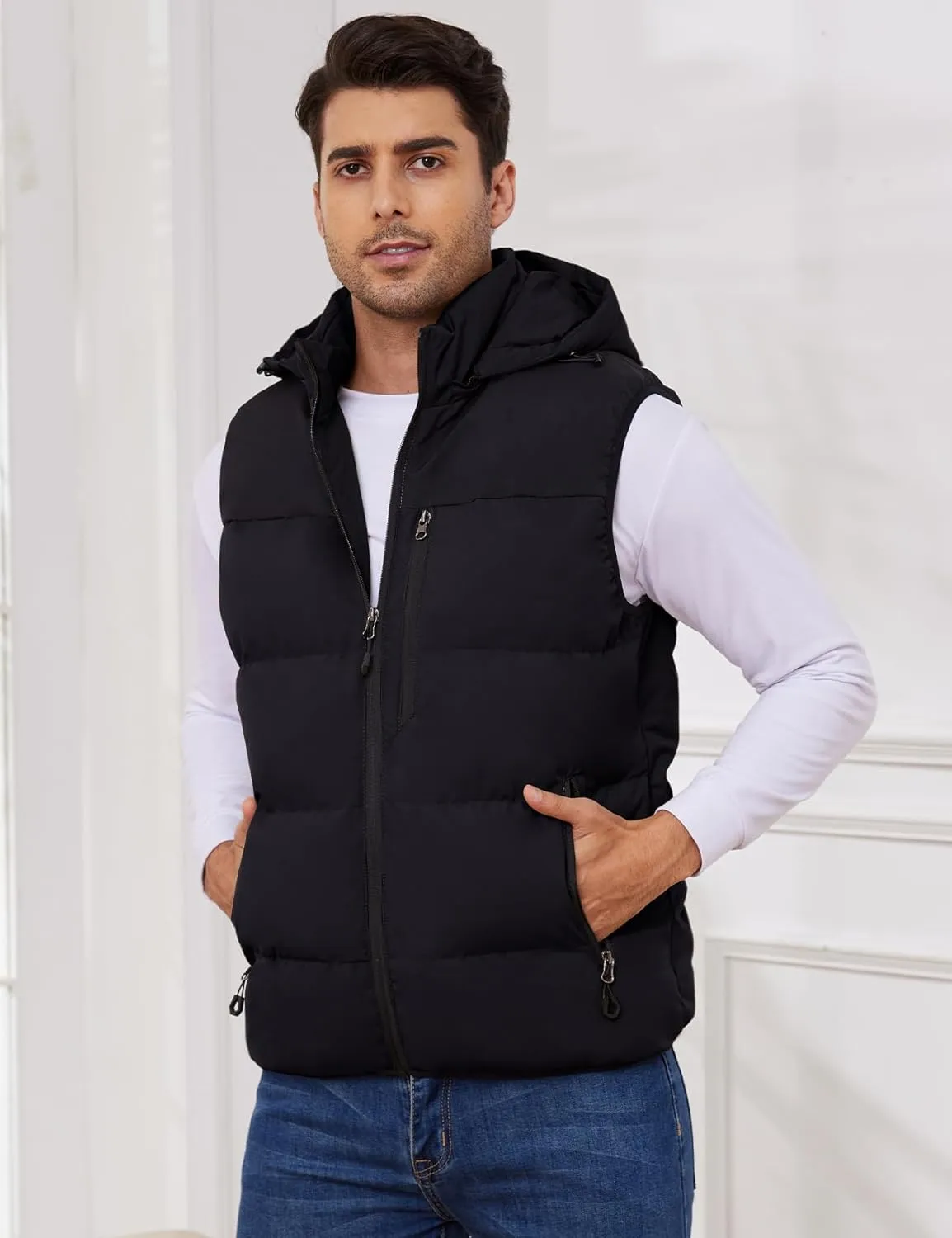 Gihuo Mens Winter Puffer Vest Color Block Hooded Sleeveless Quilted Jacket Zip Up Padded Coats Outerwear