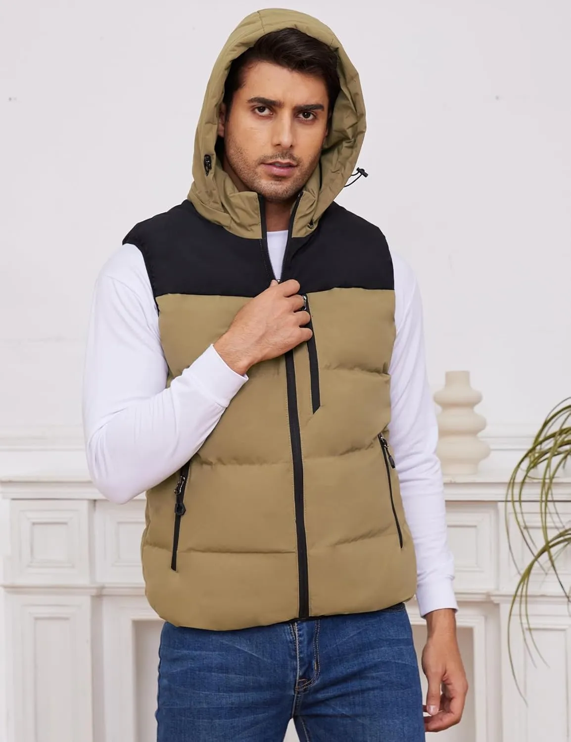 Gihuo Mens Winter Puffer Vest Color Block Hooded Sleeveless Quilted Jacket Zip Up Padded Coats Outerwear