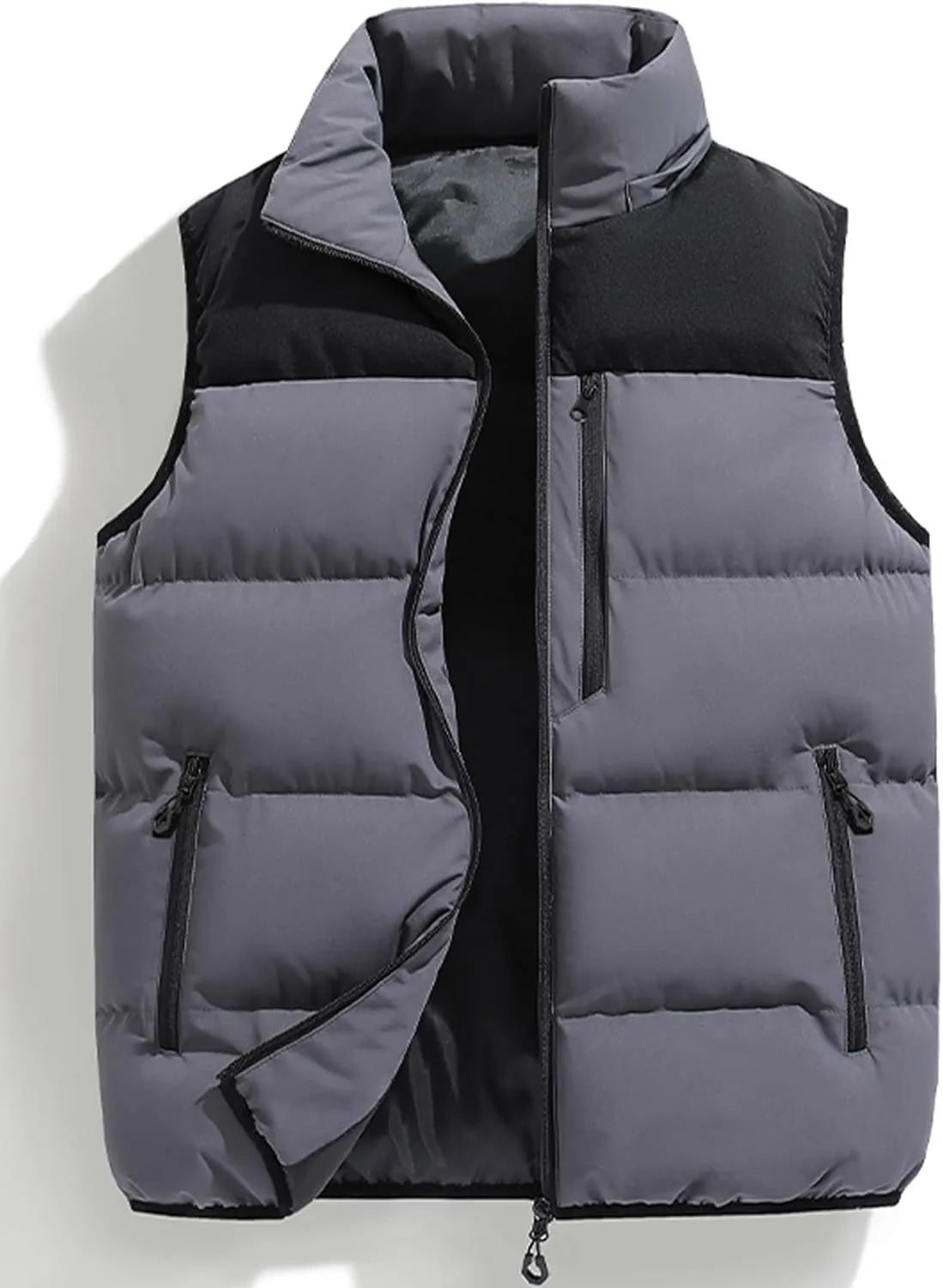 Gihuo Mens Winter Puffer Vest Color Block Hooded Sleeveless Quilted Jacket Zip Up Padded Coats Outerwear