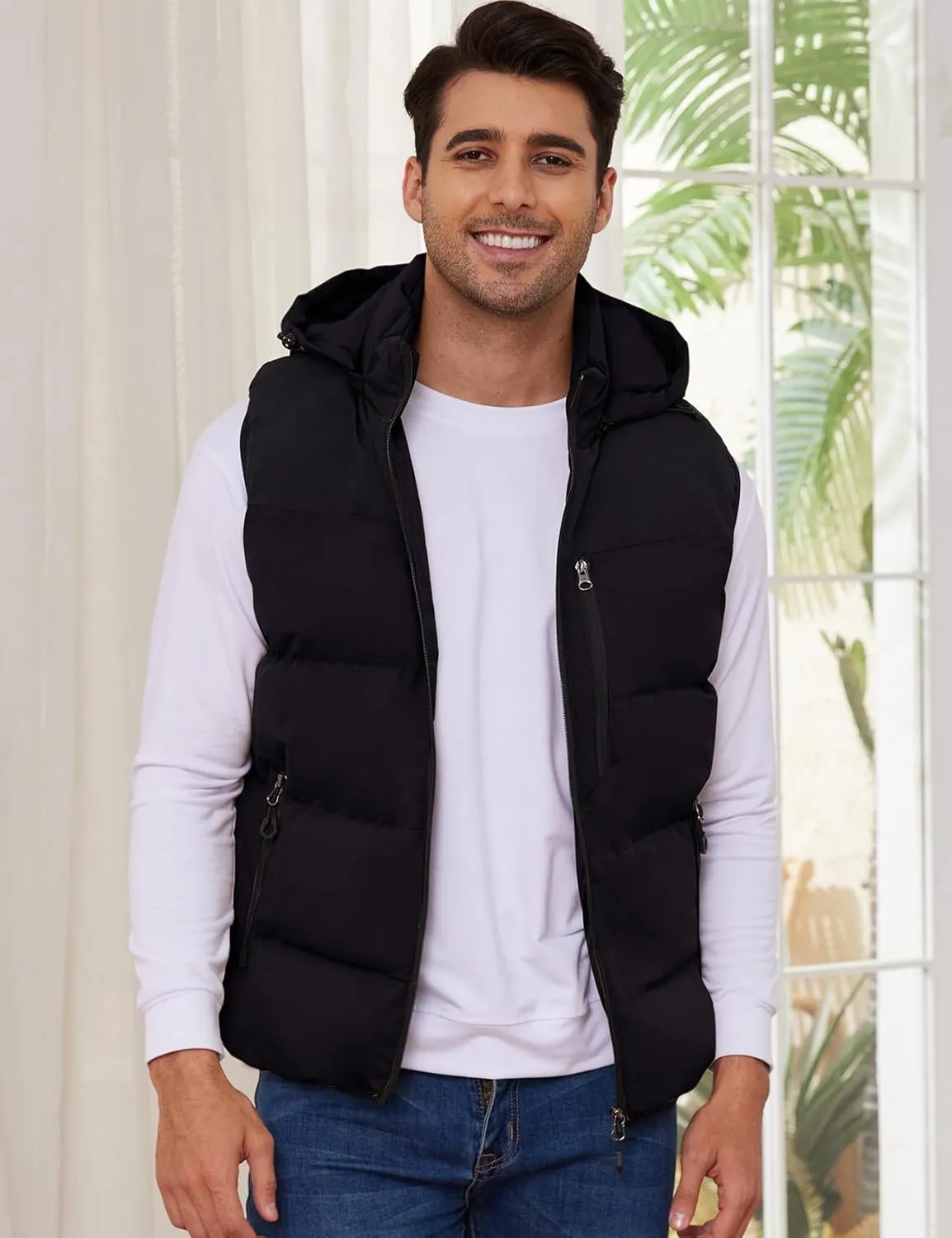 Gihuo Mens Winter Puffer Vest Color Block Hooded Sleeveless Quilted Jacket Zip Up Padded Coats Outerwear