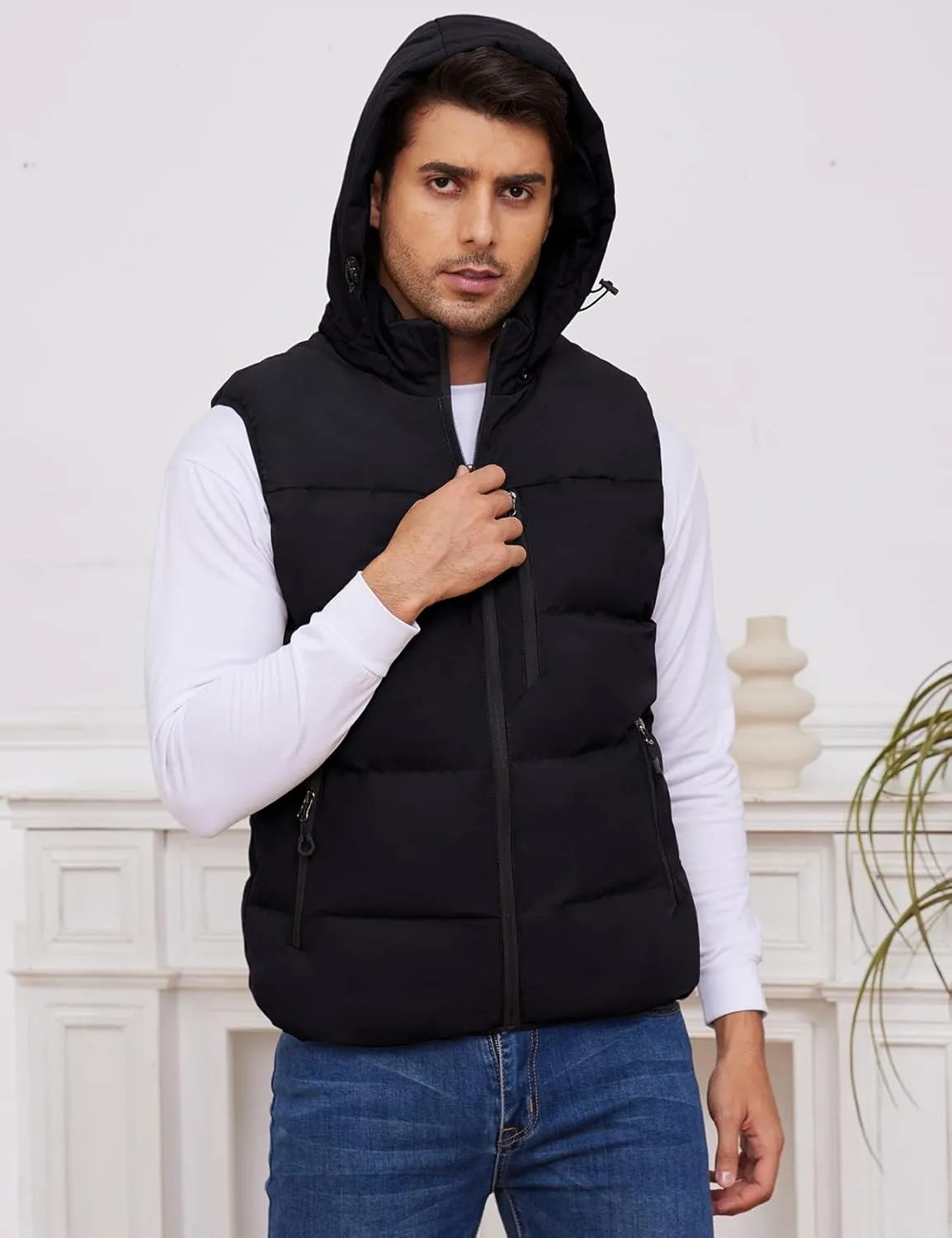 Gihuo Mens Winter Puffer Vest Color Block Hooded Sleeveless Quilted Jacket Zip Up Padded Coats Outerwear