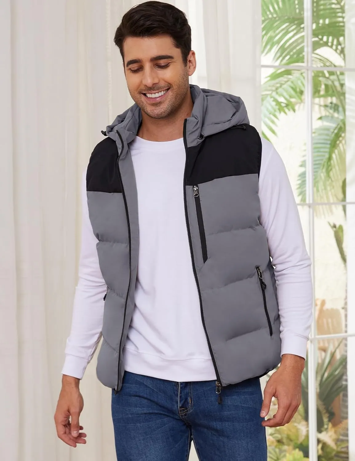 Gihuo Mens Winter Puffer Vest Color Block Hooded Sleeveless Quilted Jacket Zip Up Padded Coats Outerwear