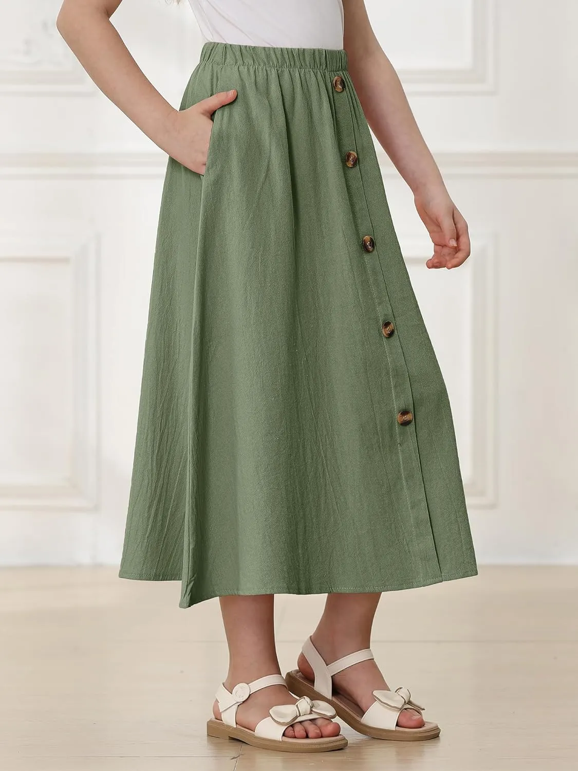 Girls A-Line Pleated Swing Maxi Skirt High Waist Long Skrits with Pockets
