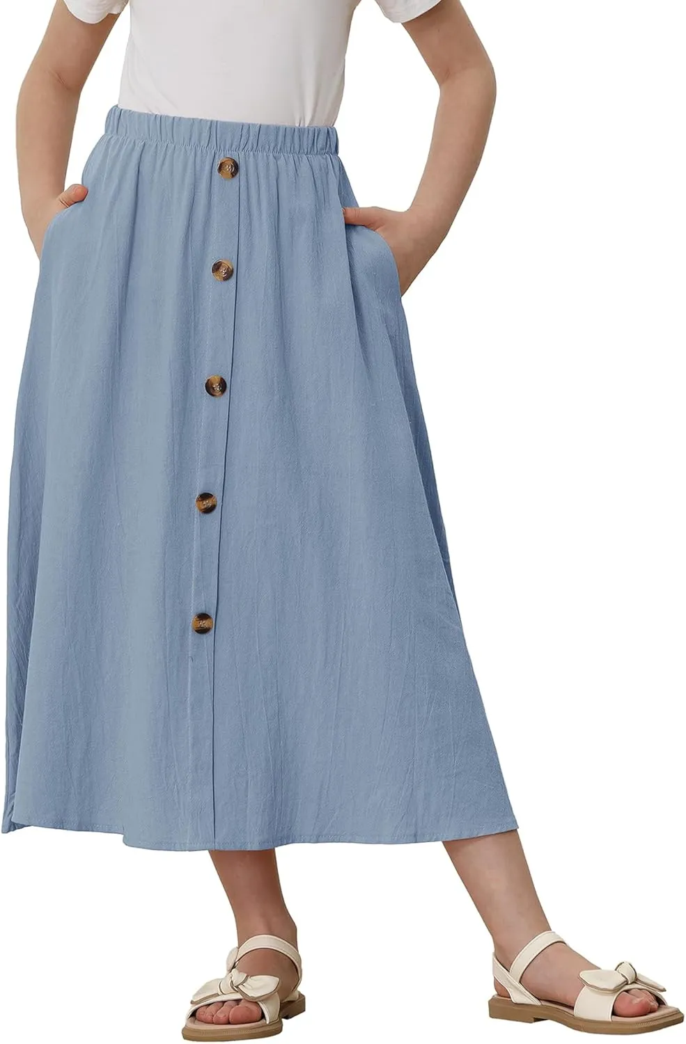 Girls A-Line Pleated Swing Maxi Skirt High Waist Long Skrits with Pockets
