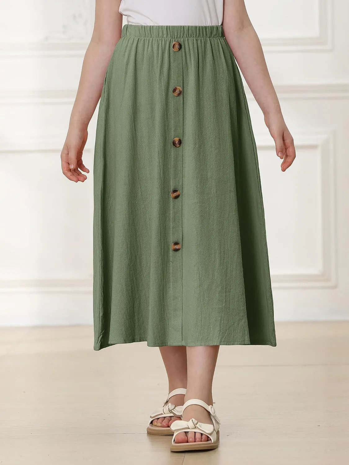 Girls A-Line Pleated Swing Maxi Skirt High Waist Long Skrits with Pockets
