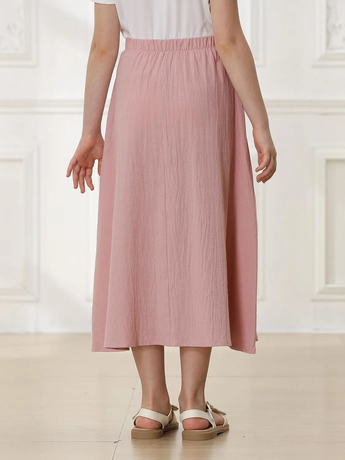 Girls A-Line Pleated Swing Maxi Skirt High Waist Long Skrits with Pockets