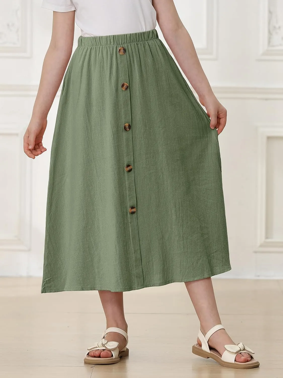 Girls A-Line Pleated Swing Maxi Skirt High Waist Long Skrits with Pockets