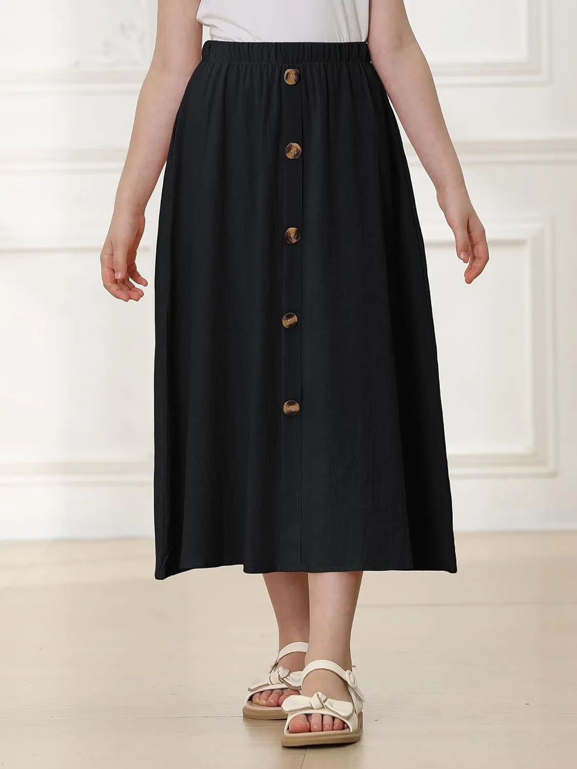 Girls A-Line Pleated Swing Maxi Skirt High Waist Long Skrits with Pockets