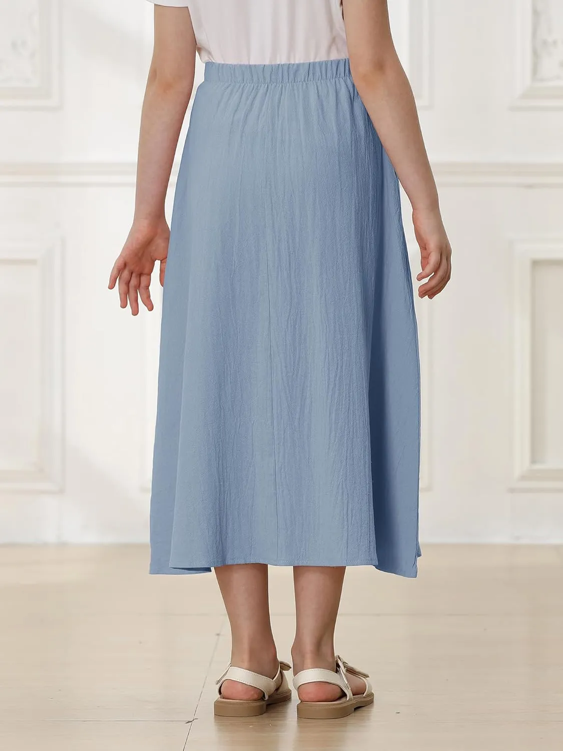 Girls A-Line Pleated Swing Maxi Skirt High Waist Long Skrits with Pockets