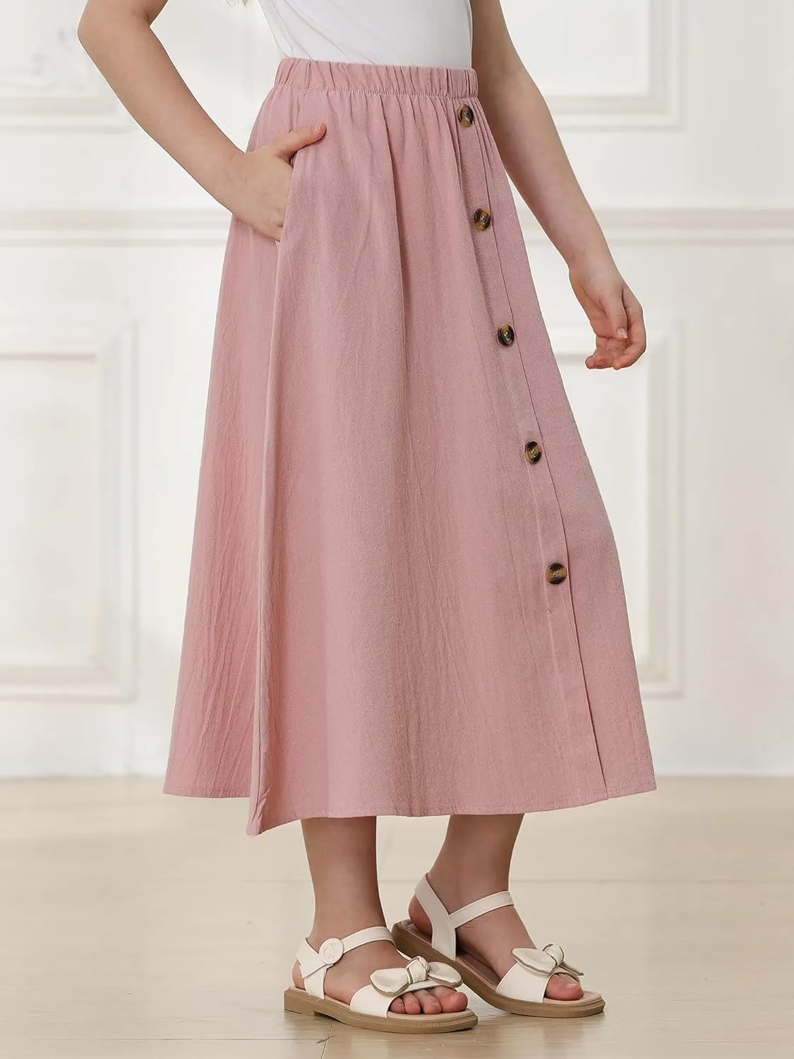 Girls A-Line Pleated Swing Maxi Skirt High Waist Long Skrits with Pockets