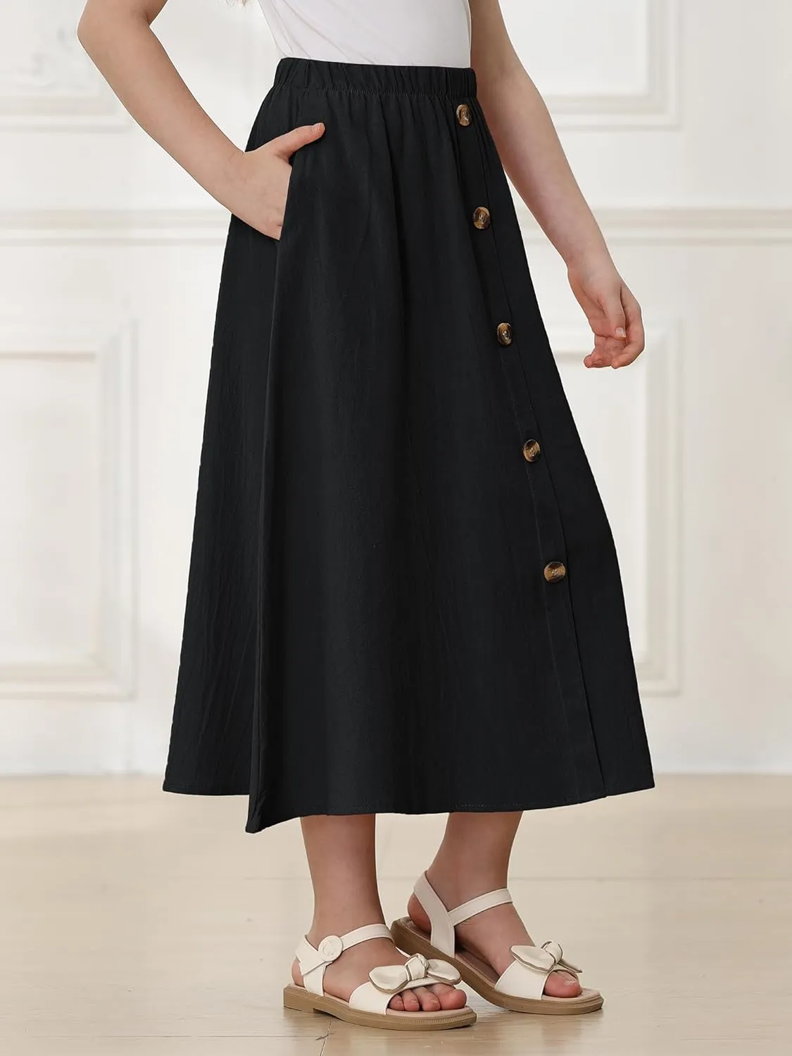 Girls A-Line Pleated Swing Maxi Skirt High Waist Long Skrits with Pockets
