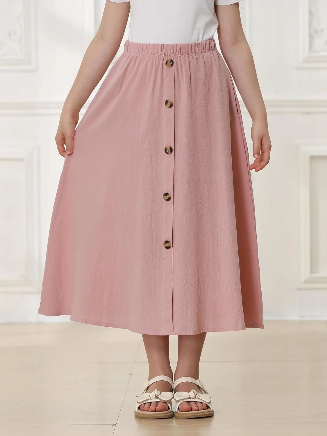 Girls A-Line Pleated Swing Maxi Skirt High Waist Long Skrits with Pockets