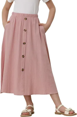 Girls A-Line Pleated Swing Maxi Skirt High Waist Long Skrits with Pockets