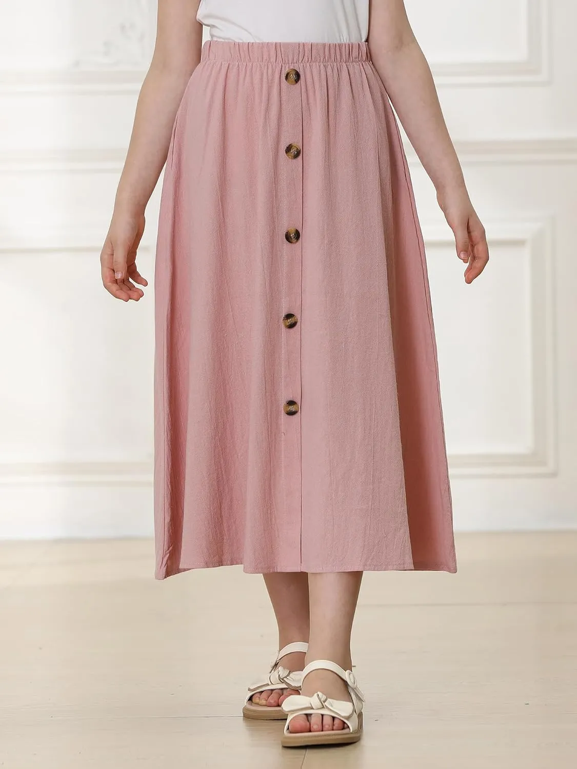 Girls A-Line Pleated Swing Maxi Skirt High Waist Long Skrits with Pockets