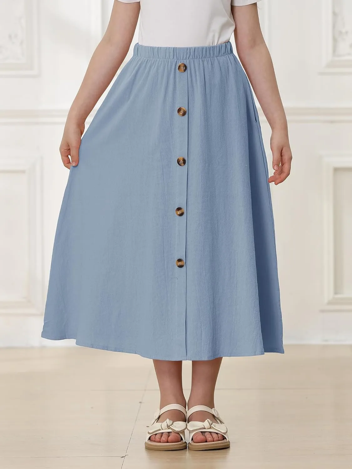 Girls A-Line Pleated Swing Maxi Skirt High Waist Long Skrits with Pockets