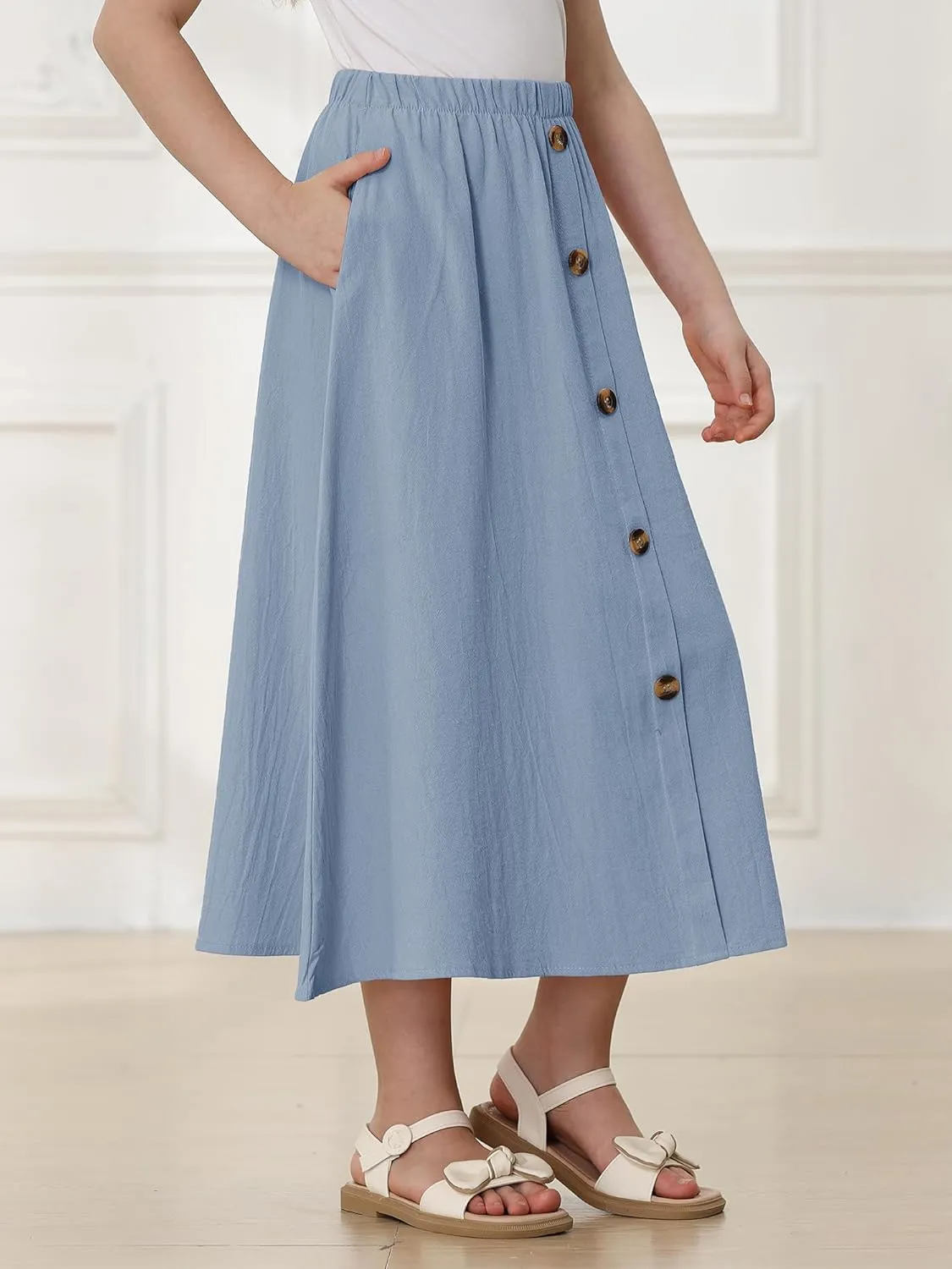 Girls A-Line Pleated Swing Maxi Skirt High Waist Long Skrits with Pockets