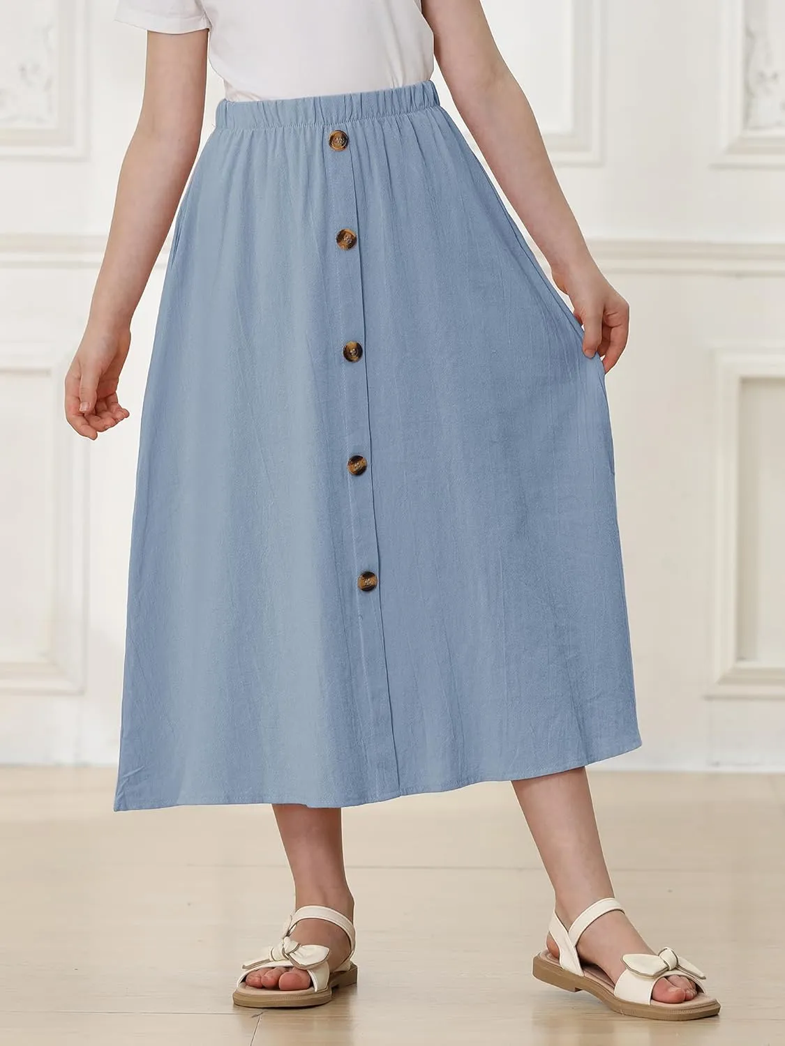 Girls A-Line Pleated Swing Maxi Skirt High Waist Long Skrits with Pockets