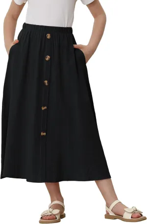 Girls A-Line Pleated Swing Maxi Skirt High Waist Long Skrits with Pockets