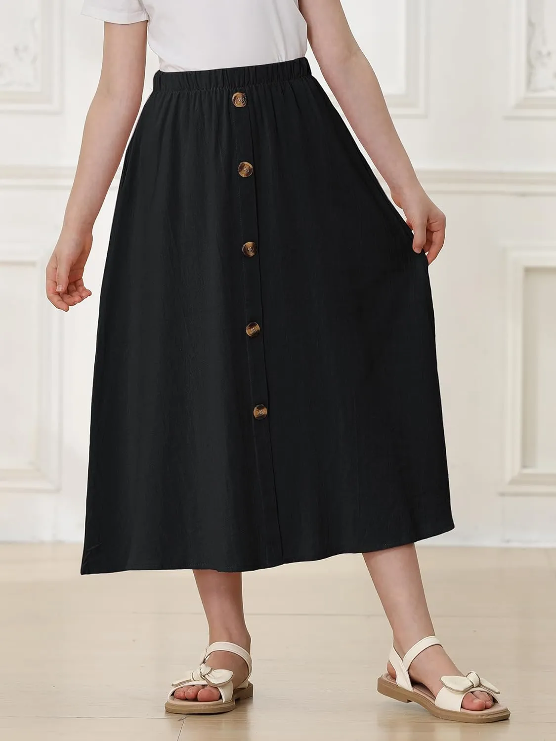 Girls A-Line Pleated Swing Maxi Skirt High Waist Long Skrits with Pockets