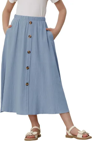 Girls A-Line Pleated Swing Maxi Skirt High Waist Long Skrits with Pockets