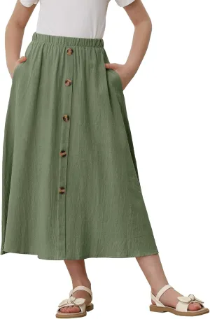 Girls A-Line Pleated Swing Maxi Skirt High Waist Long Skrits with Pockets
