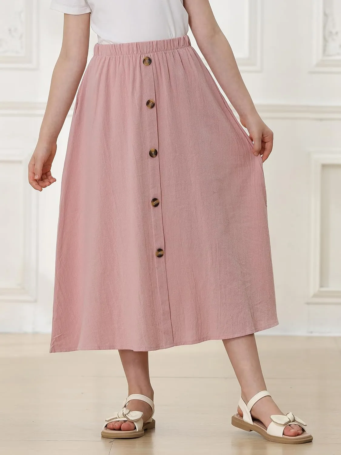 Girls A-Line Pleated Swing Maxi Skirt High Waist Long Skrits with Pockets