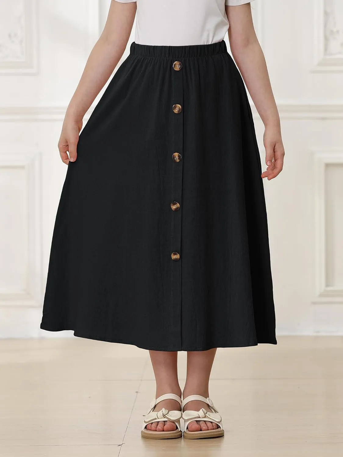 Girls A-Line Pleated Swing Maxi Skirt High Waist Long Skrits with Pockets