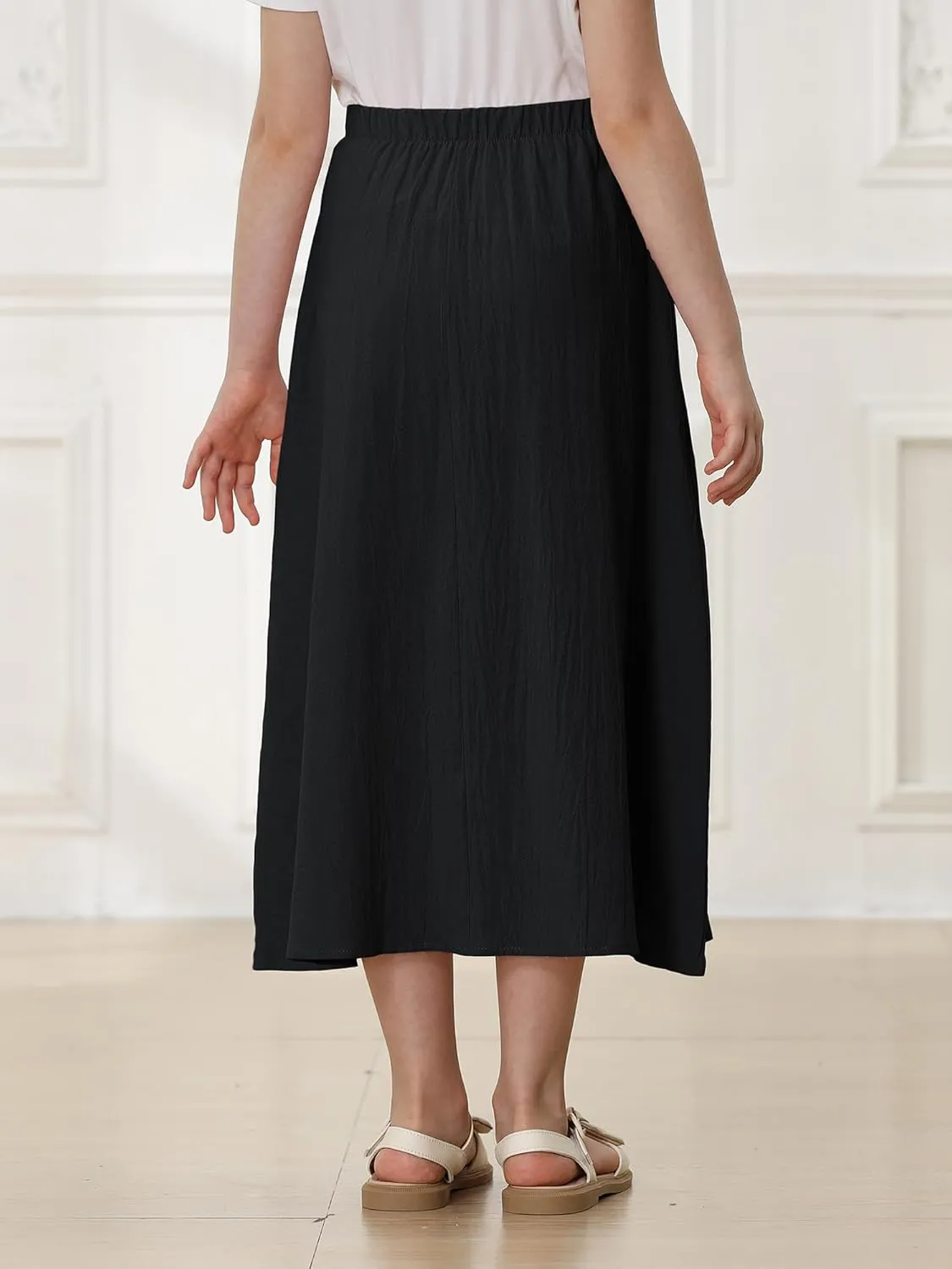 Girls A-Line Pleated Swing Maxi Skirt High Waist Long Skrits with Pockets
