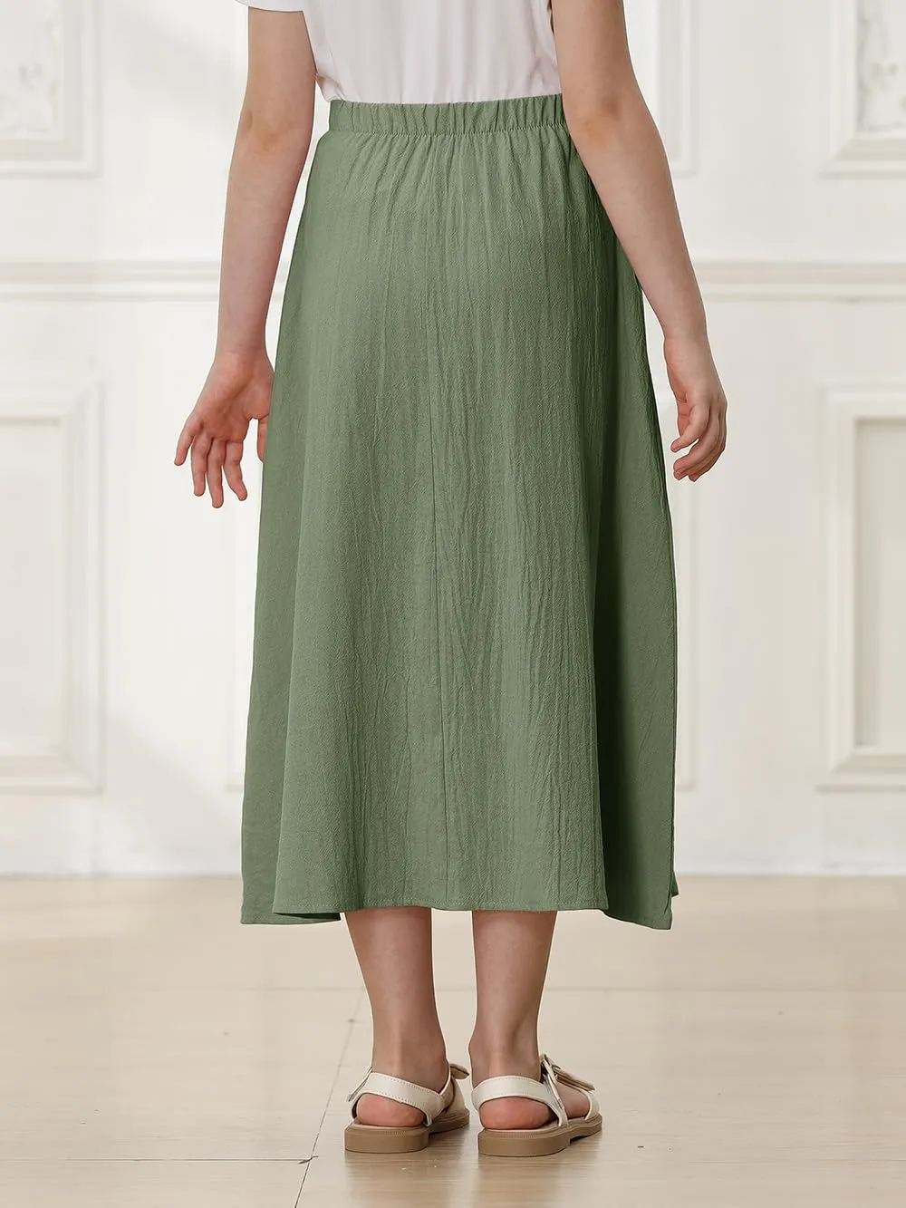 Girls A-Line Pleated Swing Maxi Skirt High Waist Long Skrits with Pockets