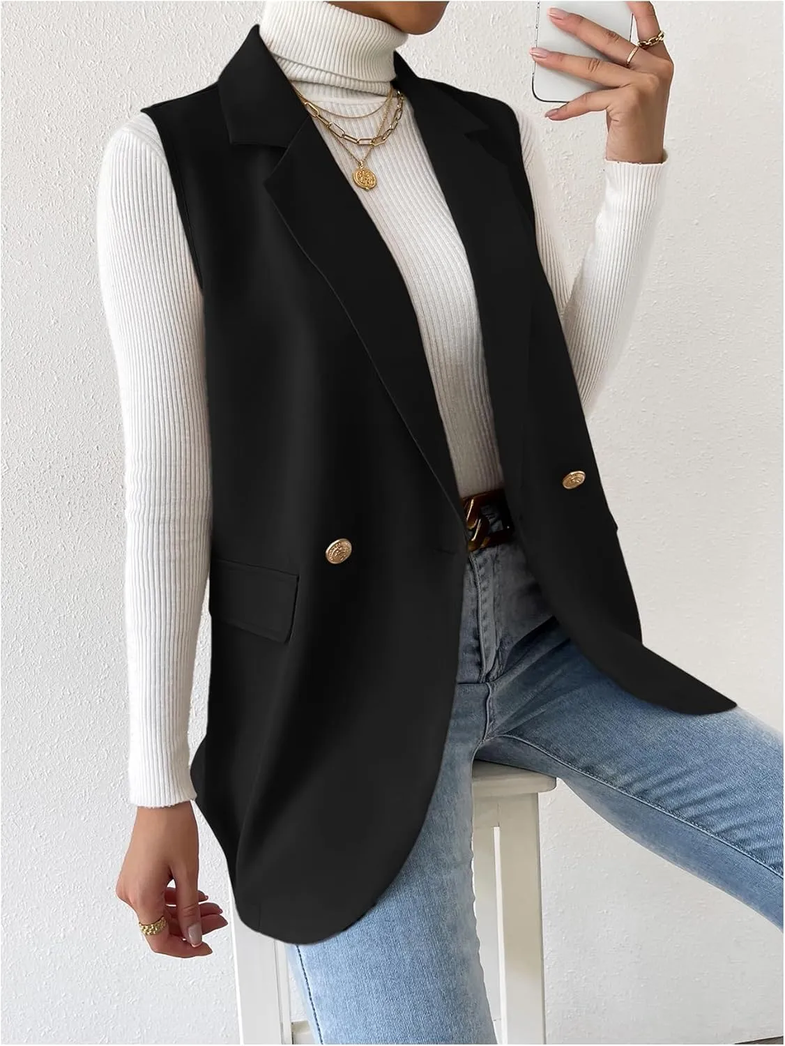 GORGLITTER Women's Long Vest Sleeveless Button Up Work Office Cardigan Blazer Vest