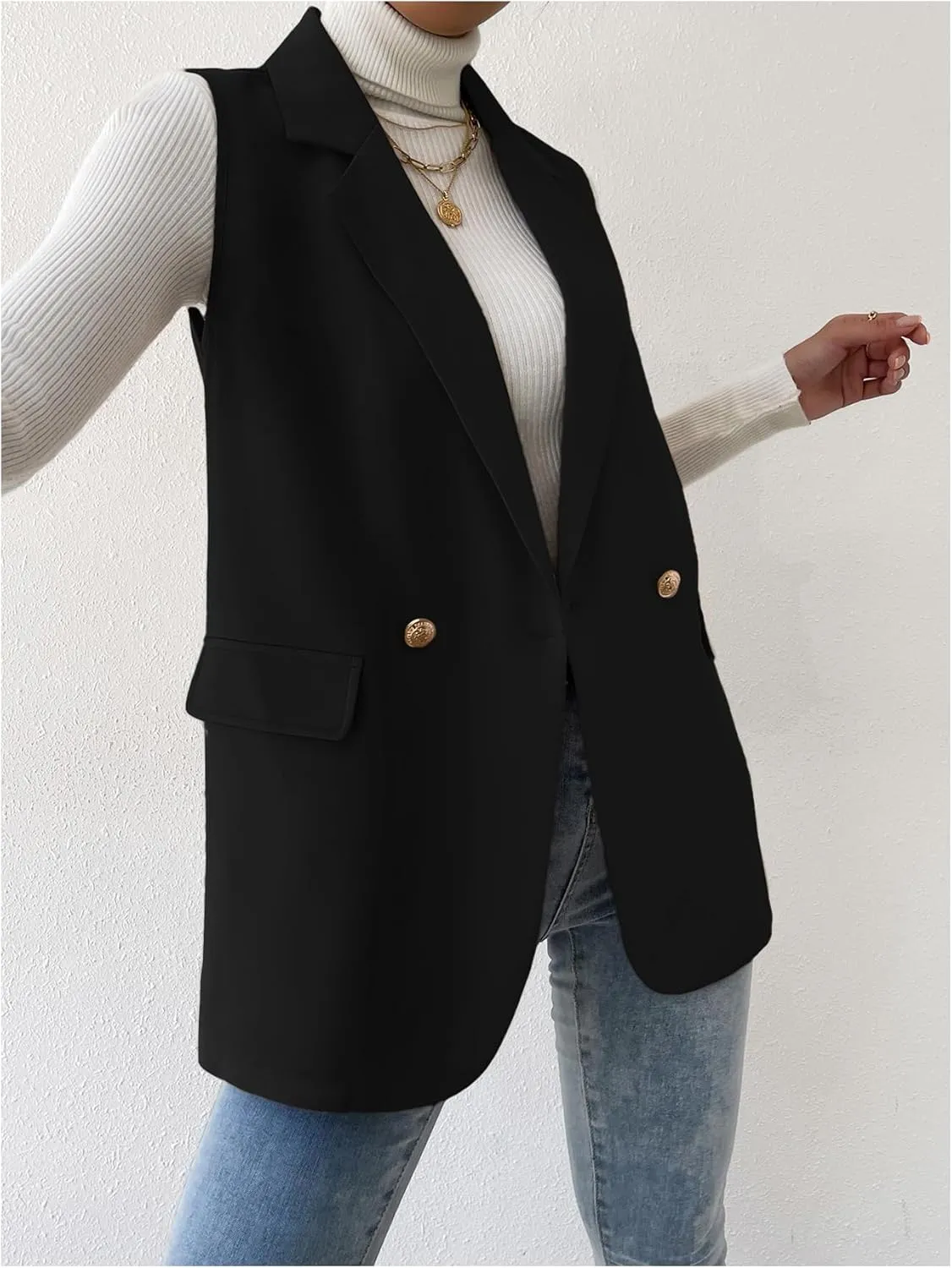 GORGLITTER Women's Long Vest Sleeveless Button Up Work Office Cardigan Blazer Vest