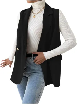 GORGLITTER Women's Long Vest Sleeveless Button Up Work Office Cardigan Blazer Vest