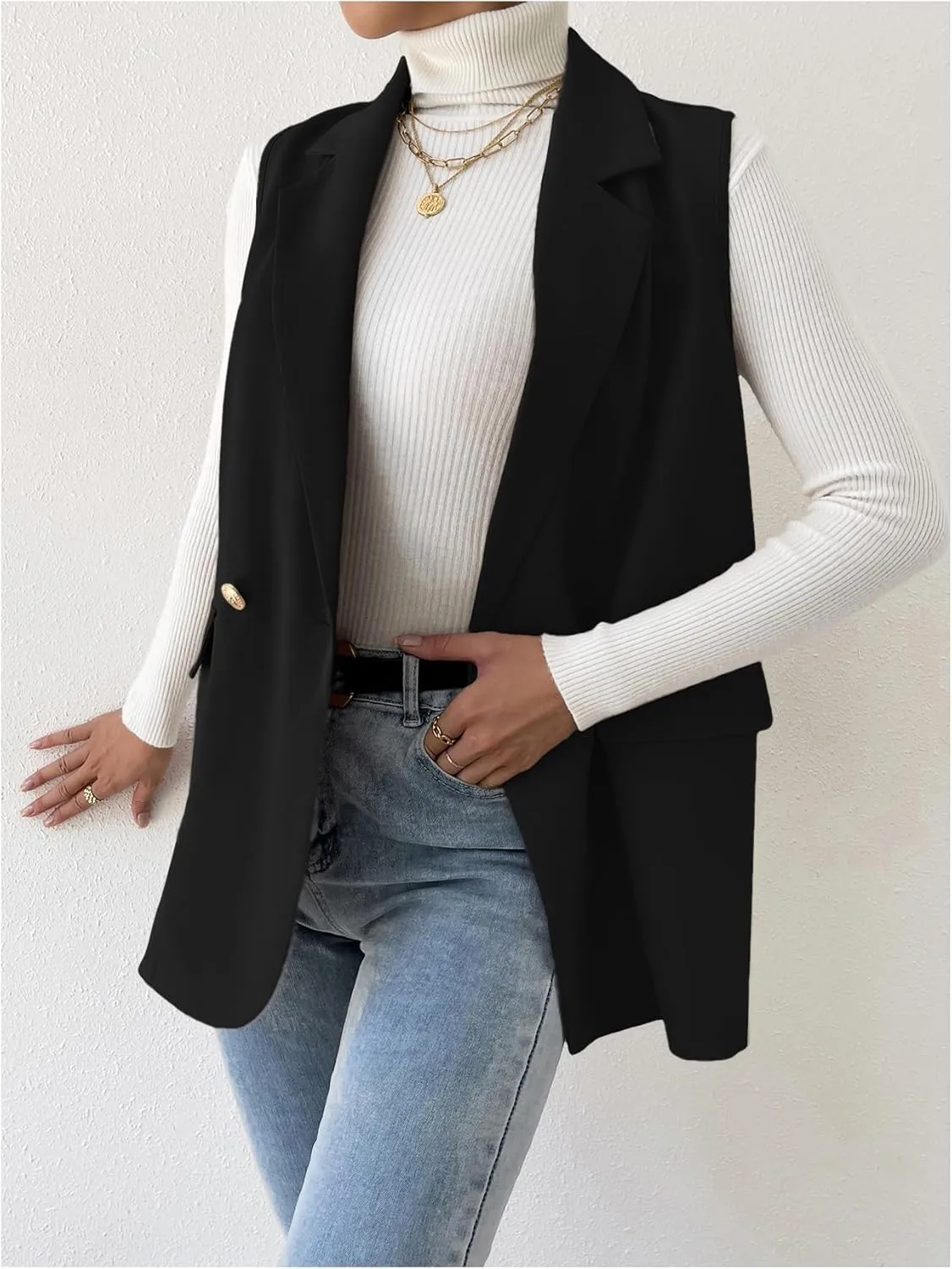 GORGLITTER Women's Long Vest Sleeveless Button Up Work Office Cardigan Blazer Vest