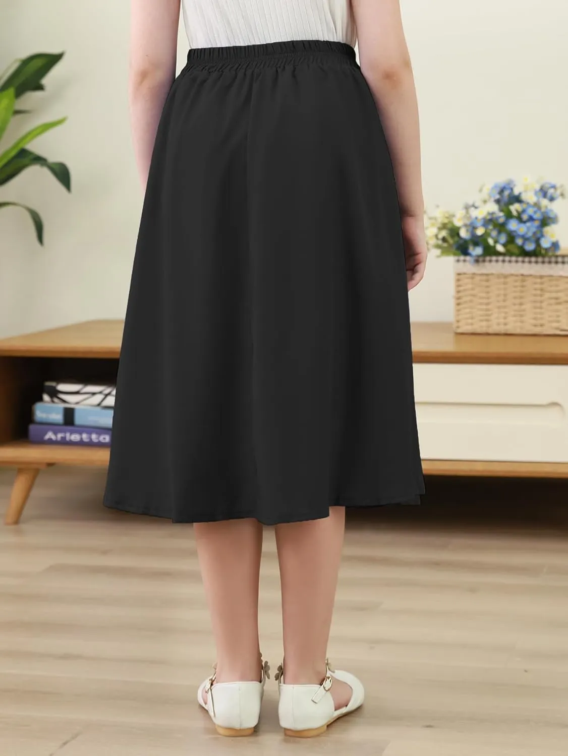 GORLYA Girls A-Line Elastic High Waist Pleated Swing Maxi Skirt with Pockets for 4-14T