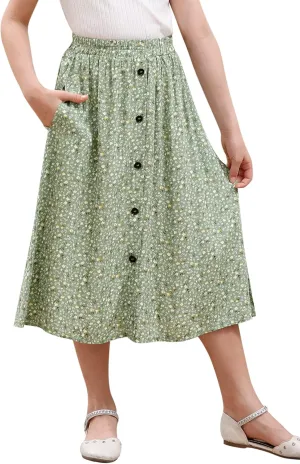 GORLYA Girls A-Line Elastic High Waist Pleated Swing Maxi Skirt with Pockets for 4-14T