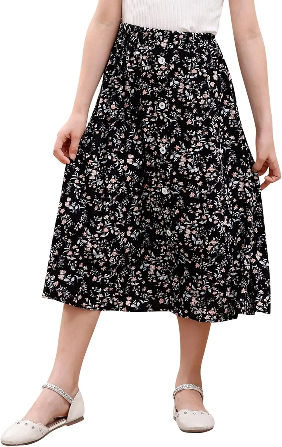 GORLYA Girls A-Line Elastic High Waist Pleated Swing Maxi Skirt with Pockets for 4-14T