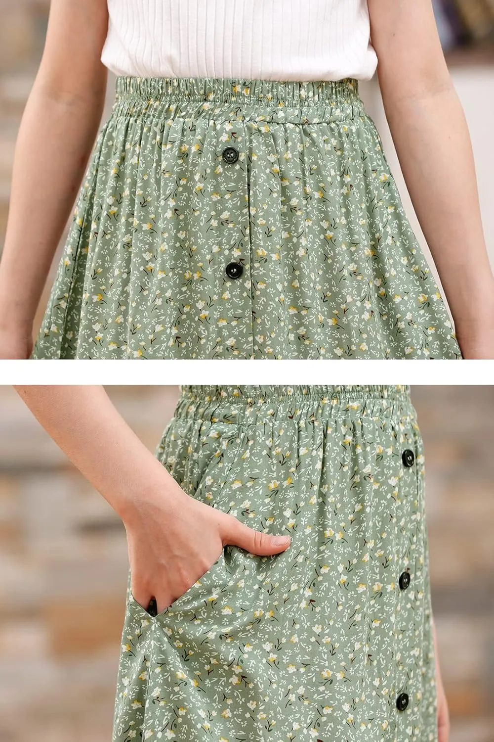 GORLYA Girls A-Line Elastic High Waist Pleated Swing Maxi Skirt with Pockets for 4-14T