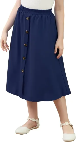 GORLYA Girls A-Line Elastic High Waist Pleated Swing Maxi Skirt with Pockets for 4-14T