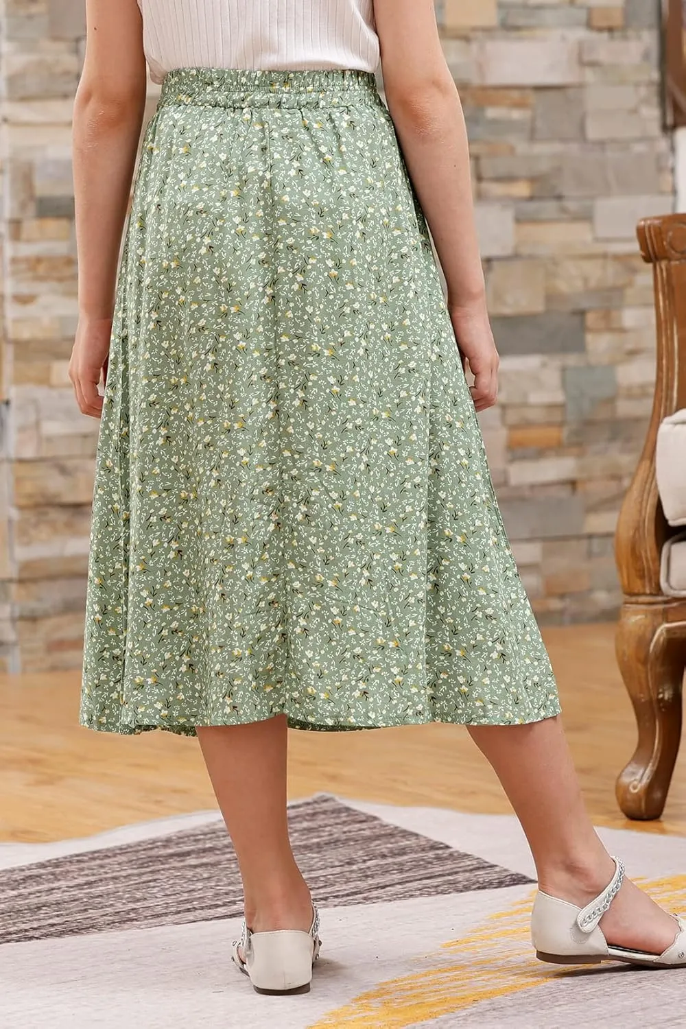 GORLYA Girls A-Line Elastic High Waist Pleated Swing Maxi Skirt with Pockets for 4-14T
