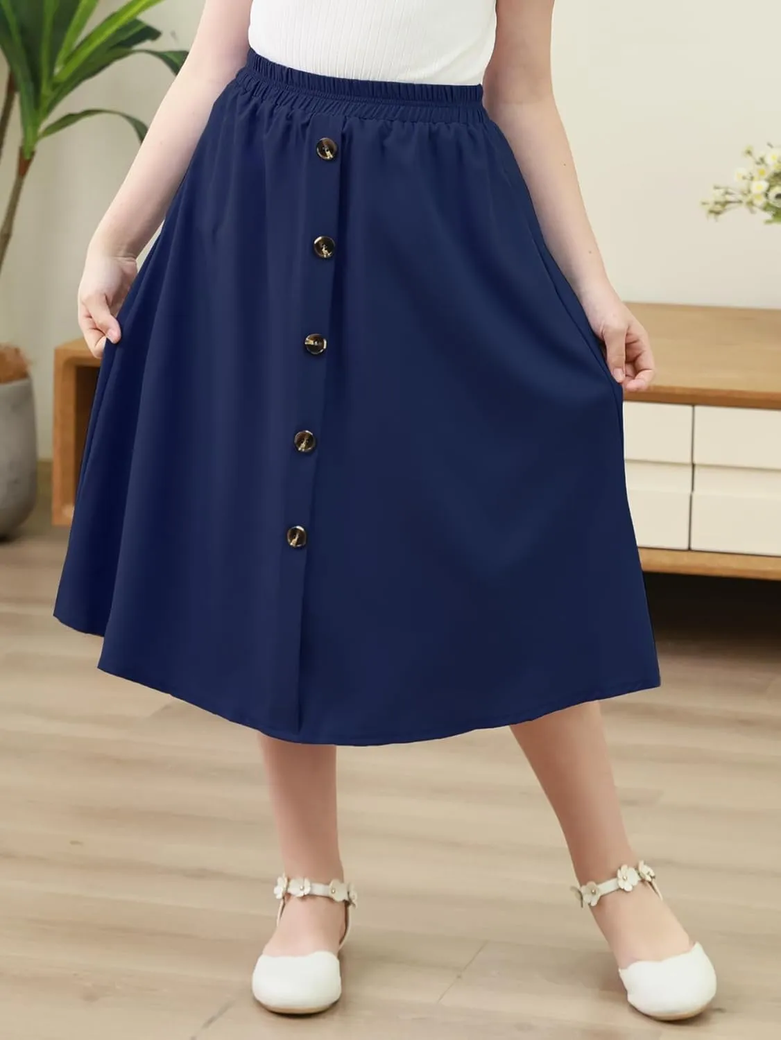 GORLYA Girls A-Line Elastic High Waist Pleated Swing Maxi Skirt with Pockets for 4-14T