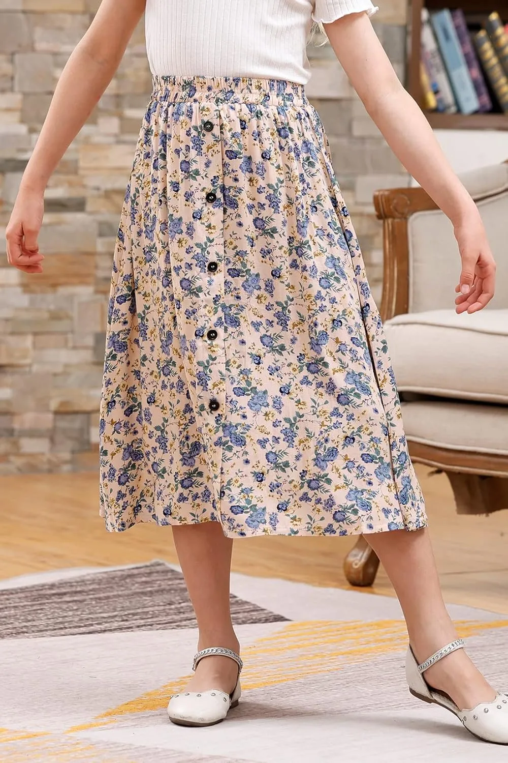 GORLYA Girls A-Line Elastic High Waist Pleated Swing Maxi Skirt with Pockets for 4-14T