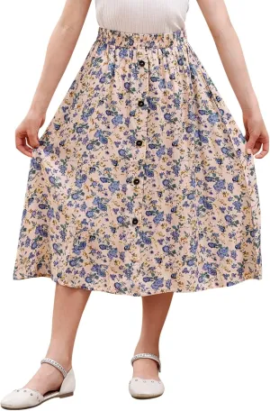 GORLYA Girls A-Line Elastic High Waist Pleated Swing Maxi Skirt with Pockets for 4-14T
