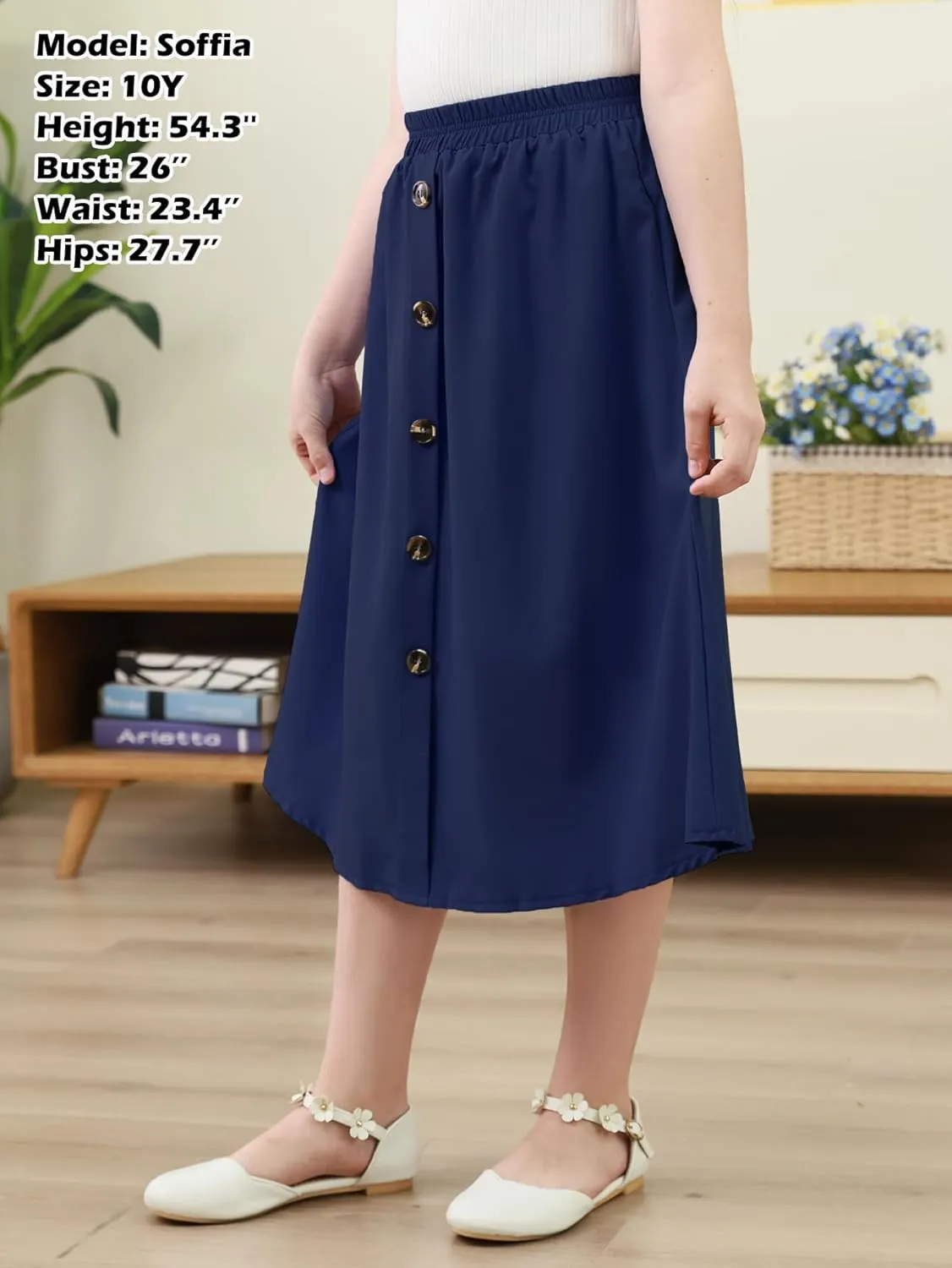 GORLYA Girls A-Line Elastic High Waist Pleated Swing Maxi Skirt with Pockets for 4-14T