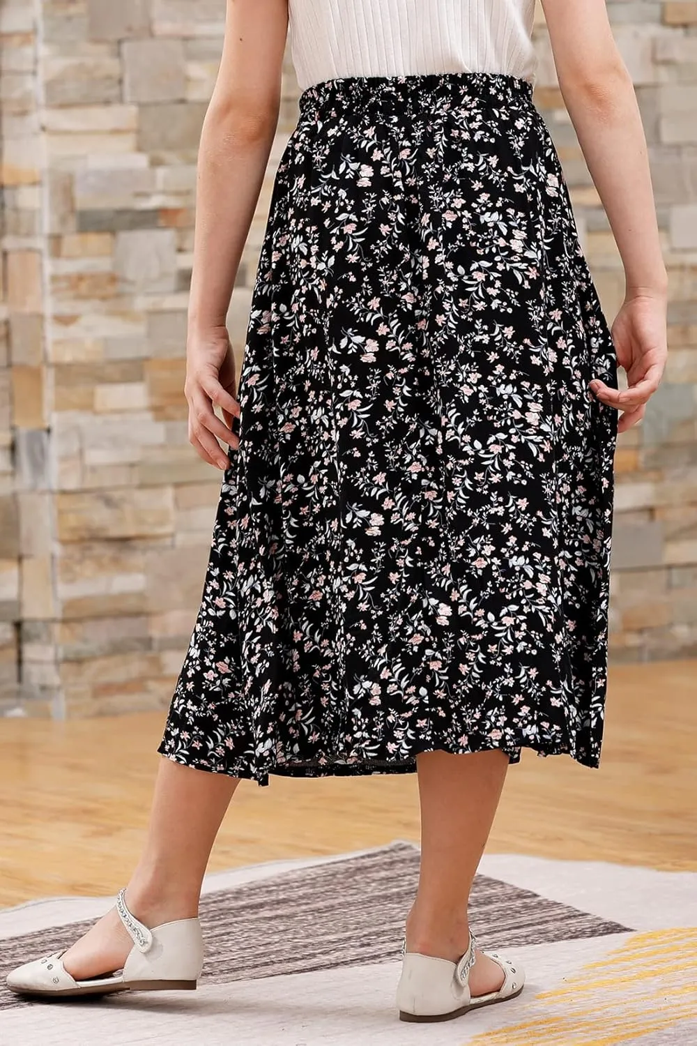 GORLYA Girls A-Line Elastic High Waist Pleated Swing Maxi Skirt with Pockets for 4-14T